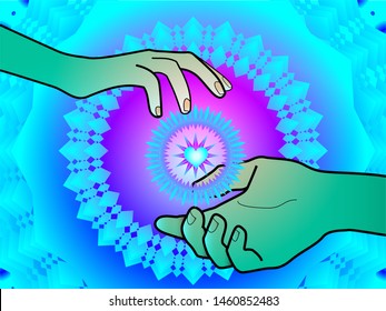 bright illustration with hands on the background of openwork ornament