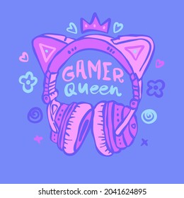 Bright Illustration With Headphones And Text Gamer Queen. Typography Design For Girly T-shirt Print, Poster. Hand Drawing, Lettering.