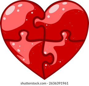 Bright illustration of heart made of four red jigsaw puzzle pieces. Abstract symbol of love, unity, teamwork, medical care, relationship and cooperation. World Health Day, Valentine day symbol