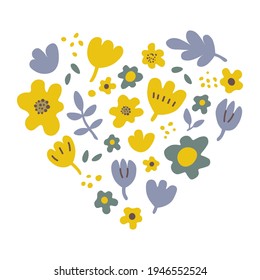 Bright illustration heart made of vector flowers. Spring and summer postcards, invitations. Illustration for printing on bags, t-shirts and more.
