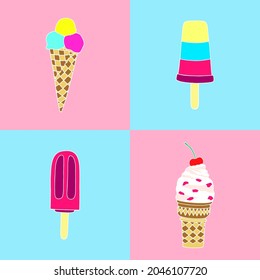 Bright illustration with ice cream on isolated squares. Vector image.