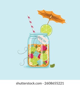 Bright illustration with ice fruit tea or cocktail in a jar with a straw and umbrella.