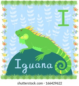Bright illustration of iguana on the background with floral elements.Vector card of animal alphabet. 
