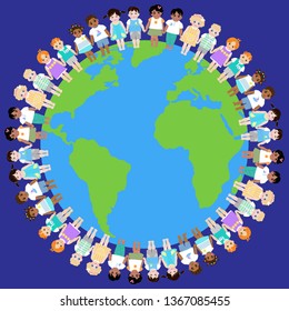 bright illustration with the image of children of different nationalities around the globe, represents friendship between peoples