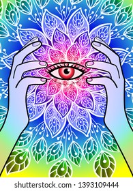 bright illustration with the image of hands on the background of floral ornament with all-seeing eye, magic plot