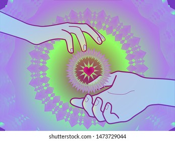 bright illustration with the image of hands on the background of openwork ornament	
