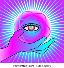 bright illustration with the image of a magic ball in a man's hand