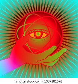 bright illustration with the image of a magic ball in a man's hand