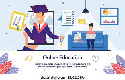 Bright Illustration Inscription Online Education. Guy Sits with Laptop in his Hands at Home and Studies Remotely. On Devices Screen, University Graduate with Diploma and Badge, Slide.