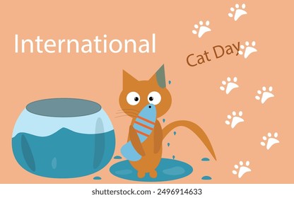 bright illustration for international cat day, cat and fish