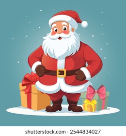 A bright illustration of a jolly Santa Claus, smiling warmly and with beautifully packaged gift boxes of different colors.