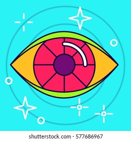 Bright illustration with lines patch eye. Flat vector cartoon illustration. Objects isolated on a blue background.