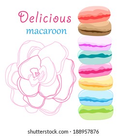 bright illustration with macaroon cake and flower on a white background