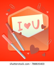 Bright illustration with mail envelope for lovers letters or valentines, note paper with text I love you, pens, clips and hearts