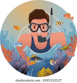 bright illustration of a man snorkeling the sea with corals and fish.  Beautiful underwater world