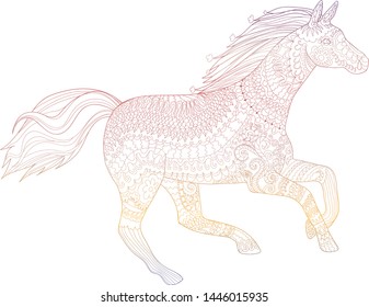 Bright illustration for modern print design. Running horse in zendoodle style. Template for t-shirt, tattoo, poster or cover. Vector drawing with rainbow colors.