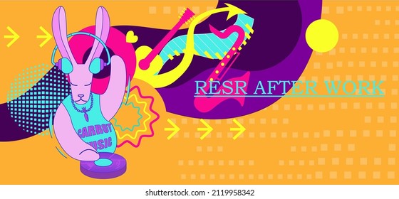 Bright illustration. Motivating poster of good rest and relaxation after work. Carefree and party in abstract and retro style. The personification of rabbits in human life