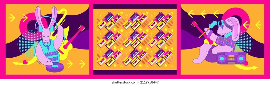 Bright illustration. Motivating poster of good rest and relaxation after work. Carefree and party in abstract and retro style. The personification of rabbits in human life