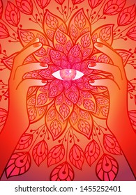 bright illustration with a mystical plot in the form of an eye on the background of floral ornament