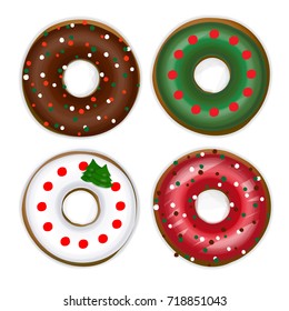 Bright illustration. New Year's set of donuts with a Christmas tree