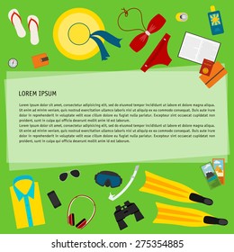 Bright illustration with objects used modern people on vacation isolated on green background for use in design for card, poster, banner, placard, billboard. Trendy flat style