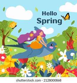 Bright illustration on a flower field with a flying bird and a fairy