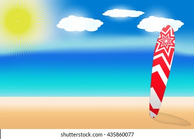 Bright illustration on the theme of summer holiday on the beach. Beach, surfboard, ocean. Vector illustration. For design, banners, printing