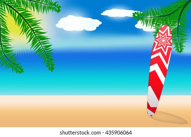 Bright illustration on the theme of summer holiday on the beach. Beach, surfboard, ocean. Vector illustration. For design, banners, printing