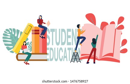 Bright illustration on the topic of student education. Training people. Gaining knowledge from books and the Internet. Students and self-education. Vector