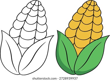 Ilustração brilhante de uma espiga de milho com contorno branco e uma espiga amarela colorida com casca verde. Ideal para temas agrícolas, alimentares, nutricionais, educacionais e agrícolas em projetos de estoque.
