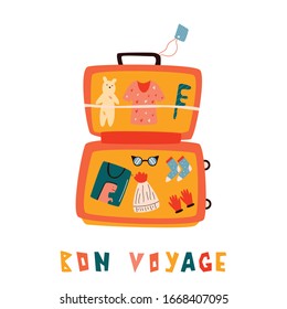 Bright illustration of an open suitcase with different stuff for vacation. Lettering text BON VOYAGE. Vector card in a flat style
