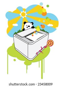 Bright illustration with a panda, the printer and an octopus with a sugar candy.