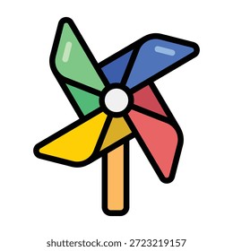 Helle Illustration eines Nadelradspielzeugs mit mehreren Farben und abgerundetem Stil. Stellt spielerische Outdoor-Aktivitäten, Windspielzeug und fröhliche Kindheitsmomente dar.