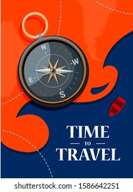 Bright illustration for poster, banner, card with vintage compass and text "Time to travel" which can be replced by yours