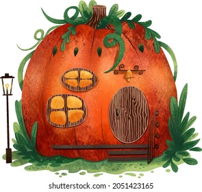 A bright illustration of a pumpkin house for Halloween with green leaves and a lantern nearby