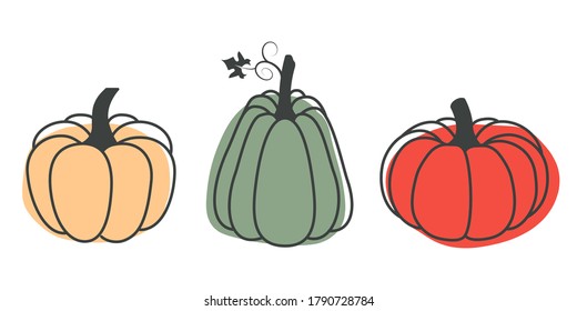 Ilustración brillante de calabazas en un estilo plano. Las verduras frescas son perfectas para decorar las vacaciones de otoño, Halloween, comida saludable, suministros de oficina.