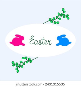 Bright illustration with rabbits. Postcard. Easter.
