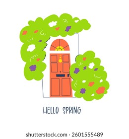 Bright illustration of a red door surrounded by green bushes and flowers with text “Hello Spring.” Perfect for seasonal cards, posters, home decor, and spring designs