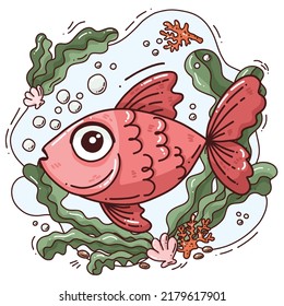 Bright illustration with red fish. Cute vector illustration for kids prints, greeting cards, poster. Doodle character with background