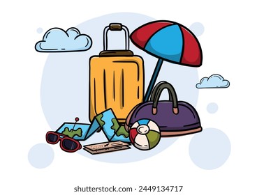 A bright illustration related to tourism and travel. Vector editable holiday and vacation elements