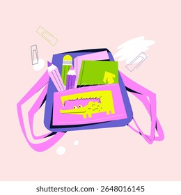 Bright illustration of school backpack with supplies inside. Includes pencils, notebook and folder