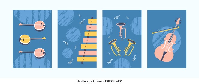 Ilustración brillante con instrumentos musicales. Colección de instrumentos musicales. Guitarra, xilófono, pipa y violín sobre fondo azul. Concepto de arte para banners, diseño de sitios web