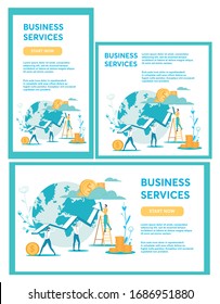 Bright Illustration, Set Written Business Service. Men Business Suits Carry Curved Arrow on Background Large Planet. Cloud Floating Sky, Gold Coins with Dollar Sign are Standing on it.