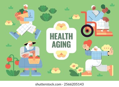 Bright illustration showcasing Healthy Aging for seniors, with elders gardening, exercising, and embracing wellness in a vibrant, nature-inspired setting.