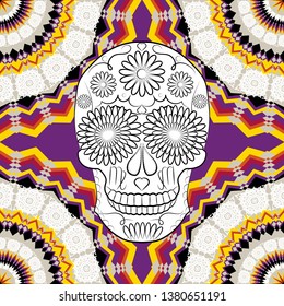 bright illustration with a skull on the background of the ornament, a symbol of the traditional Mexican holiday Day of the dead and the Day of angels