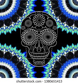 bright illustration with a skull on the background of the ornament, a symbol of the traditional Mexican holiday Day of the dead and the Day of angels