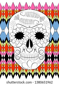bright illustration with a skull on the background of the ornament, a symbol of the traditional Mexican holiday Day of the dead and the Day of angels