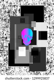 Bright illustration of skull on white and black background. Contemporary art. Cube and line vector art.