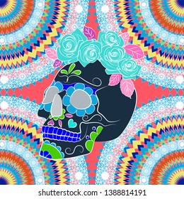 bright illustration with a skull, a symbol of the traditional Mexican holiday Day of the dead and the Day of angels