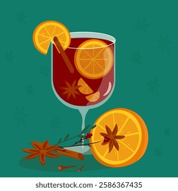 bright illustration, a tall glass with a hot drink of red wine color Gdintwein with orange and cinnamon tall glass with red drink